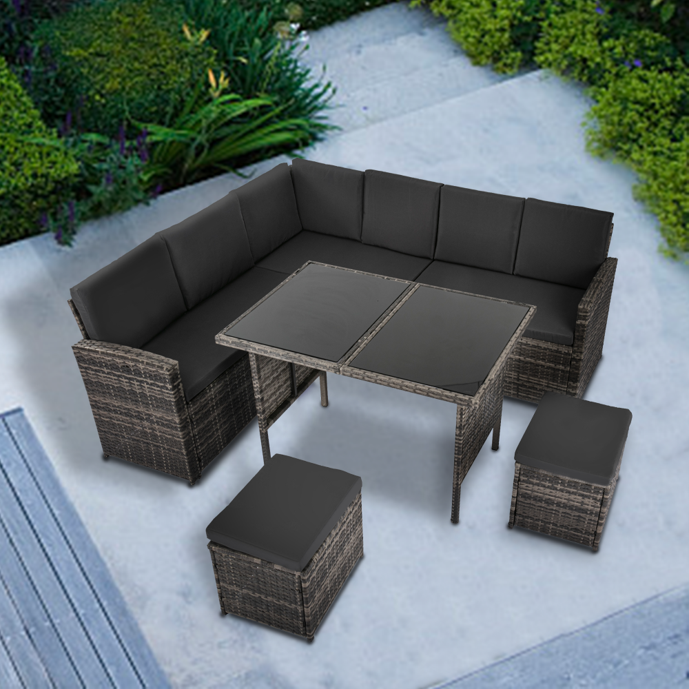 Ella 8-Seater Modular Outdoor Garden Lounge and Dining Set with Table and Stools in Dark Grey Weave - image1