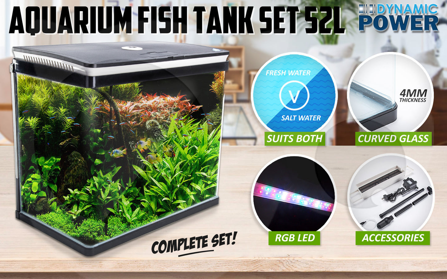 Dynamic Power Aquarium Fish Tank 52L Curved Glass RGB LED - image2