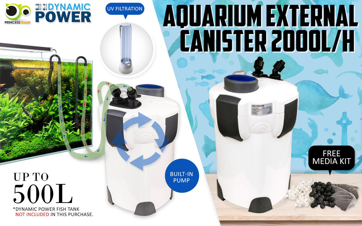 Aquarium UV Light External Canister Filter 2000L/H + Media Kit - image2