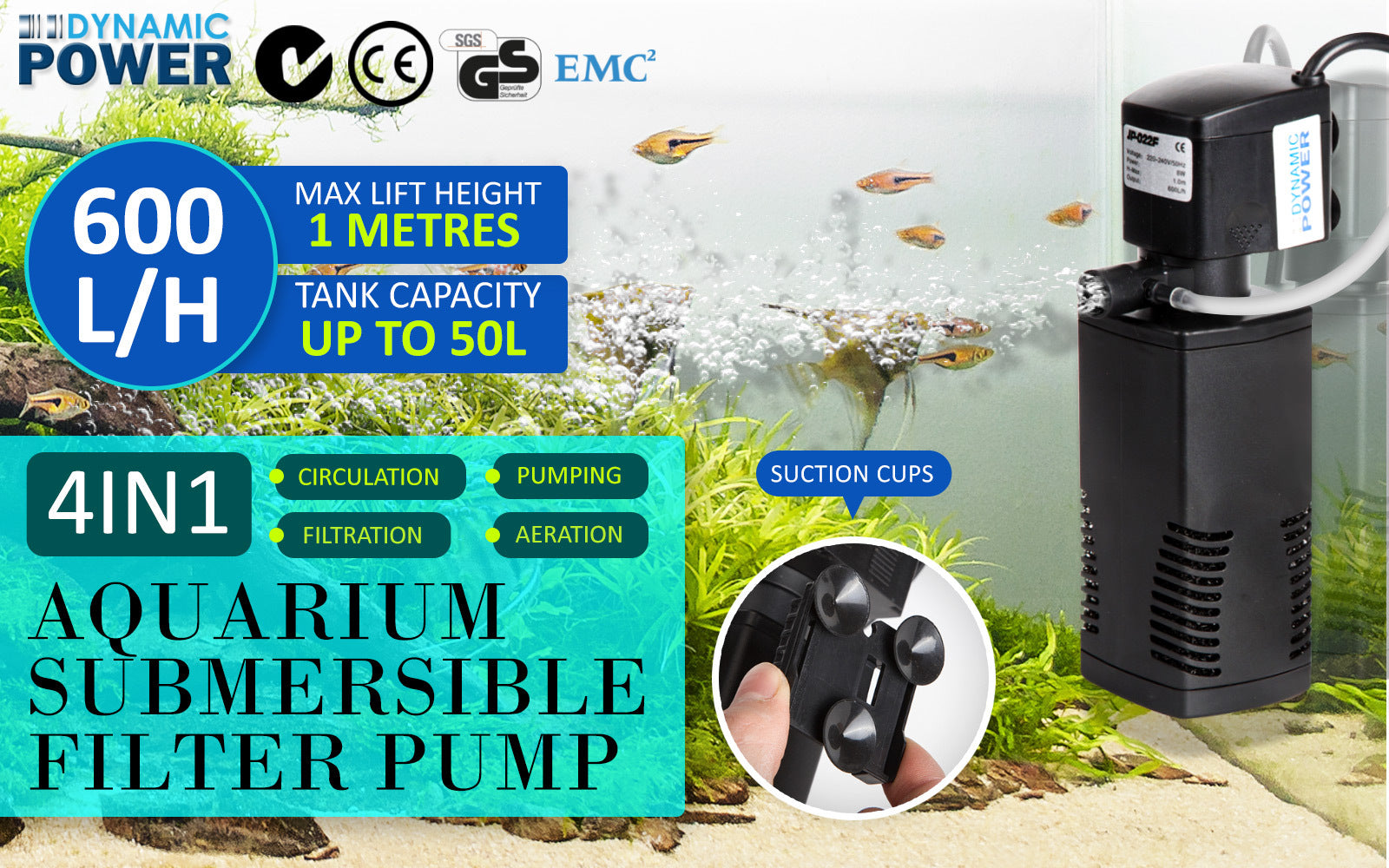 Aquarium Submersible Filter 600L/H 8W 1m Pond Pump - image2