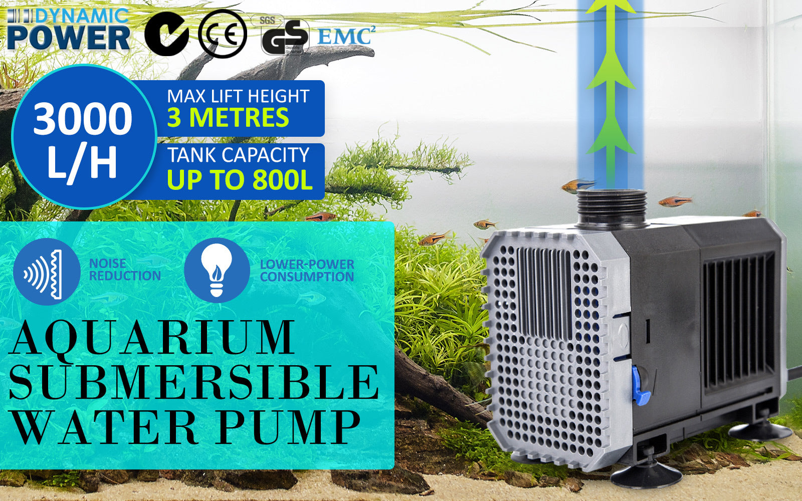 Dynamic Power Aquarium Submersible Water Pump 3000L/H 55W 3m Pond - image2