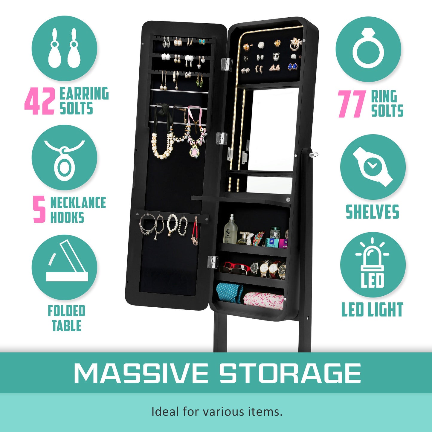 Black Mirror Jewellery Cabinet FLASHY 146cm Organiser LED - image8