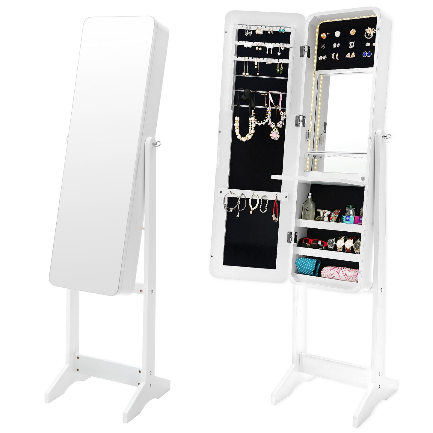 White Mirror Jewellery Cabinet FLASHY 146cm Organiser LED - image1