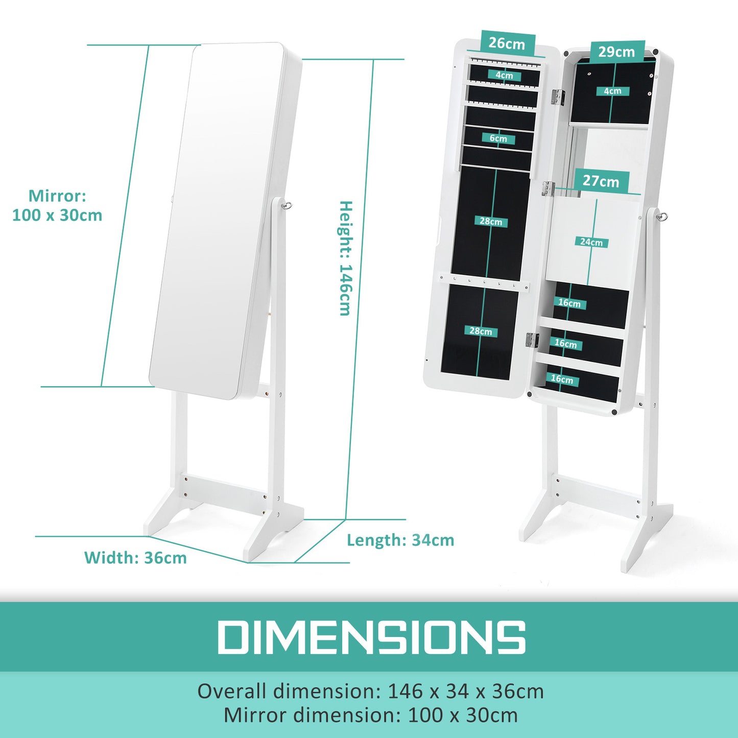 White Mirror Jewellery Cabinet FLASHY 146cm Organiser LED - image12