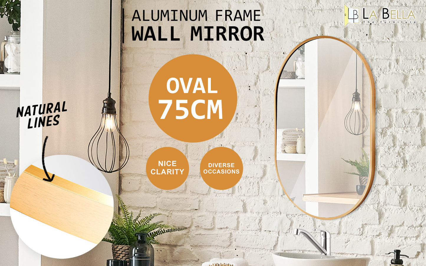 Gold Wall Mirror Oval Aluminum Frame Makeup Decor Bathroom Vanity 50 x 75cm - image2