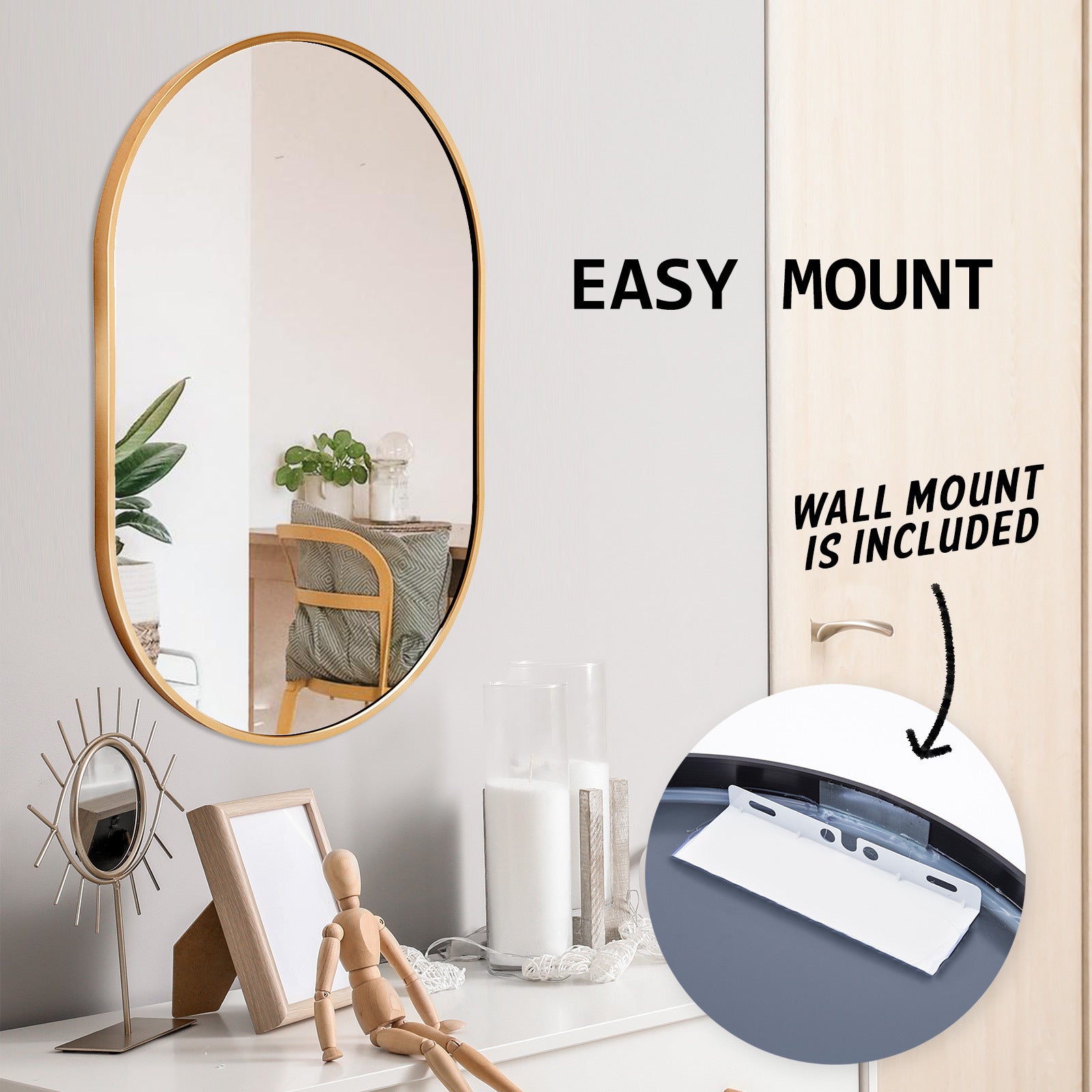 Gold Wall Mirror Oval Aluminum Frame Makeup Decor Bathroom Vanity 50 x 75cm - image11