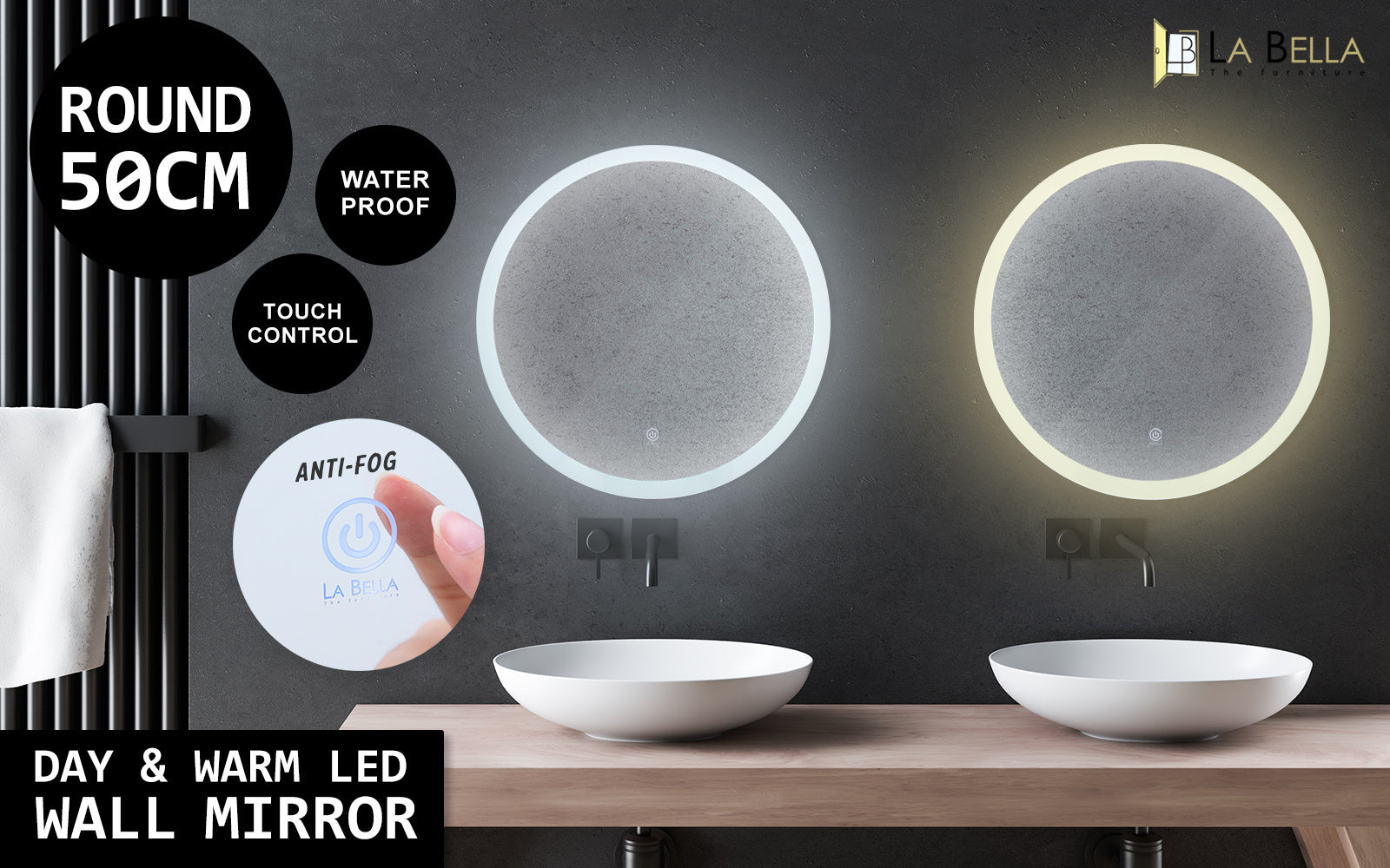 LED Wall Mirror Round Touch Anti-Fog Makeup Decor Bathroom Vanity 50cm - image2