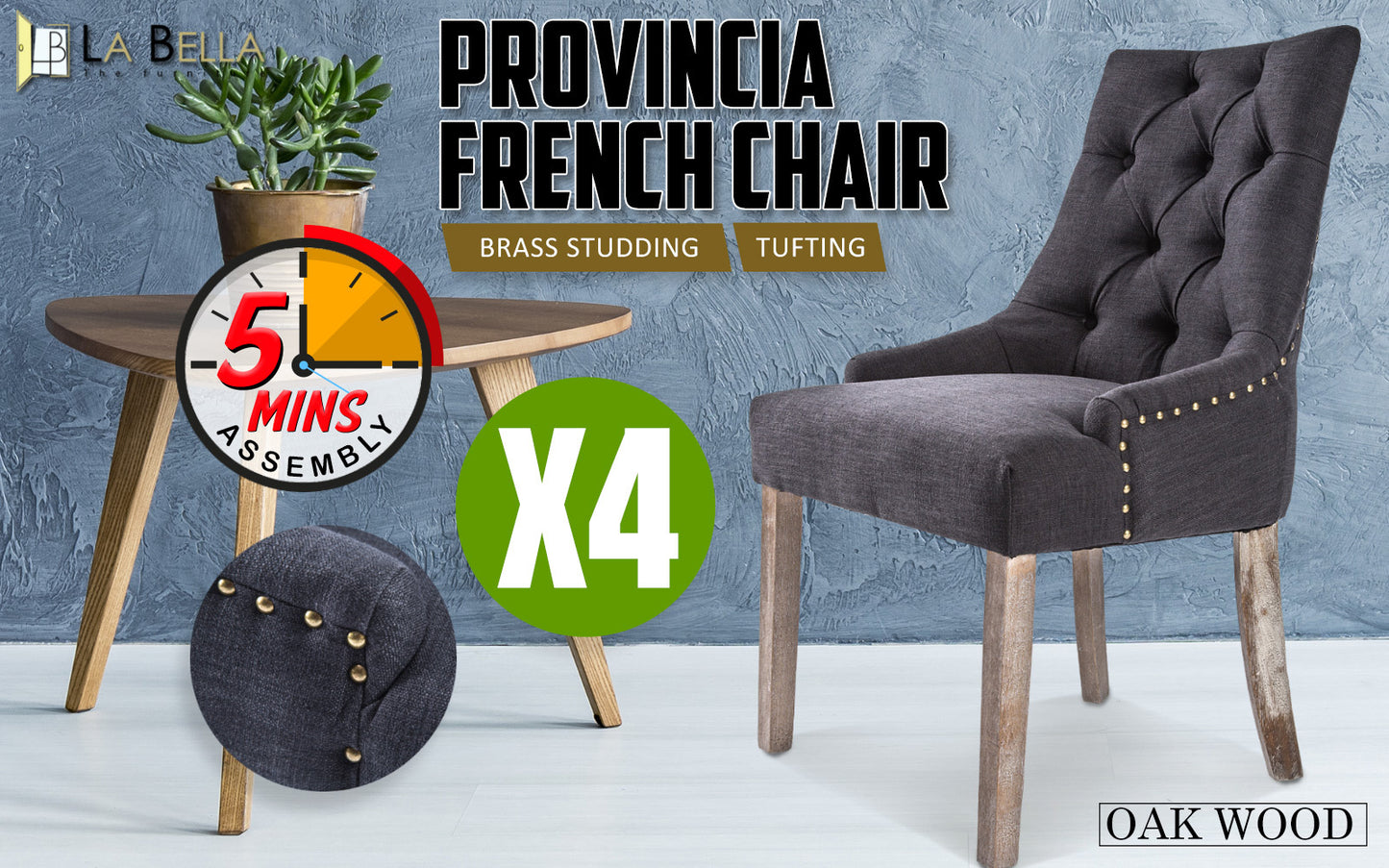 4 Set Black (Charcoal) French Provincial Dining Chair Amour Oak Leg - image2