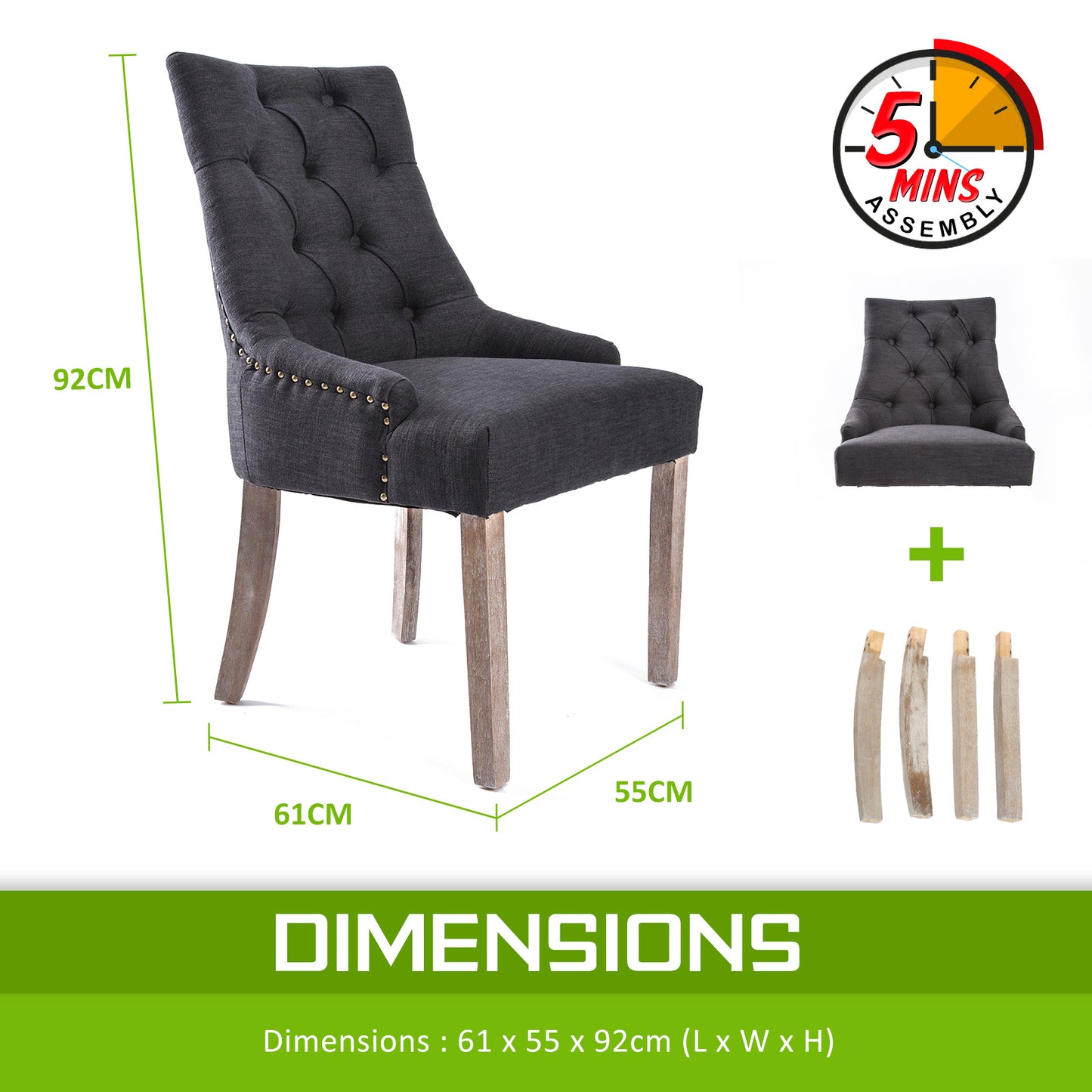 4 Set Black (Charcoal) French Provincial Dining Chair Amour Oak Leg - image12