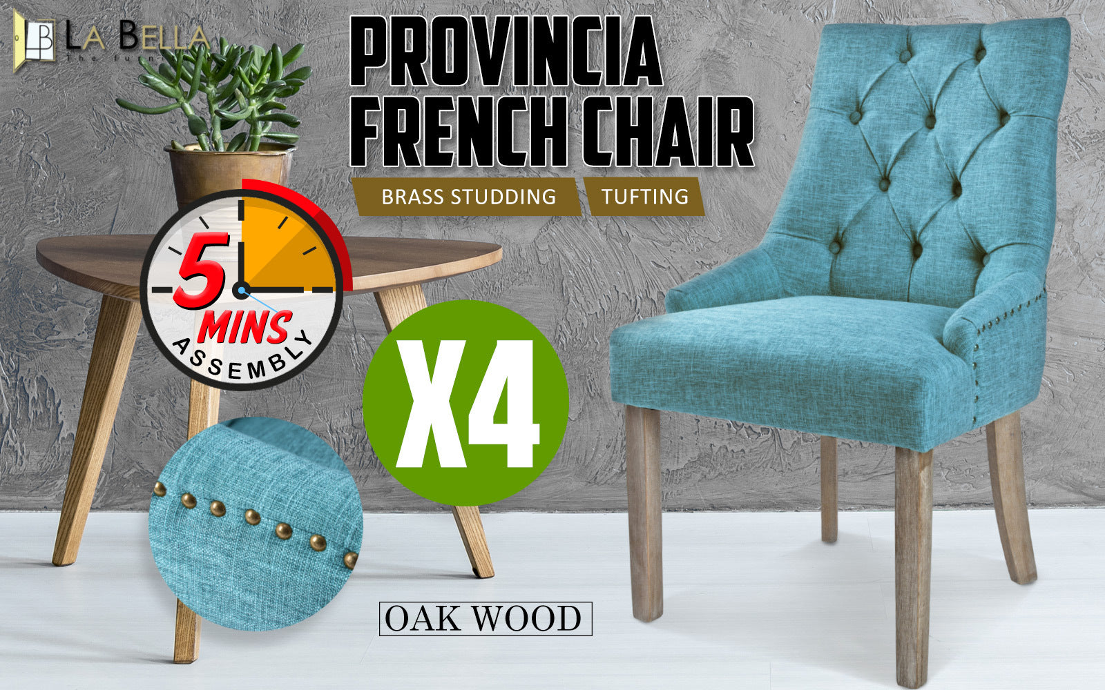 4 Set Blue French Provincial Dining Chair Amour Oak Leg - image2