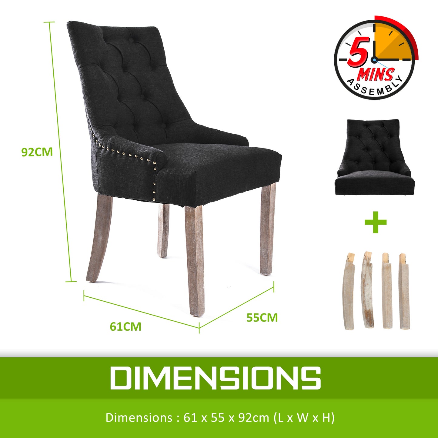 2 Set Dark Black French Provincial Dining Chair Amour Oak Leg - image12
