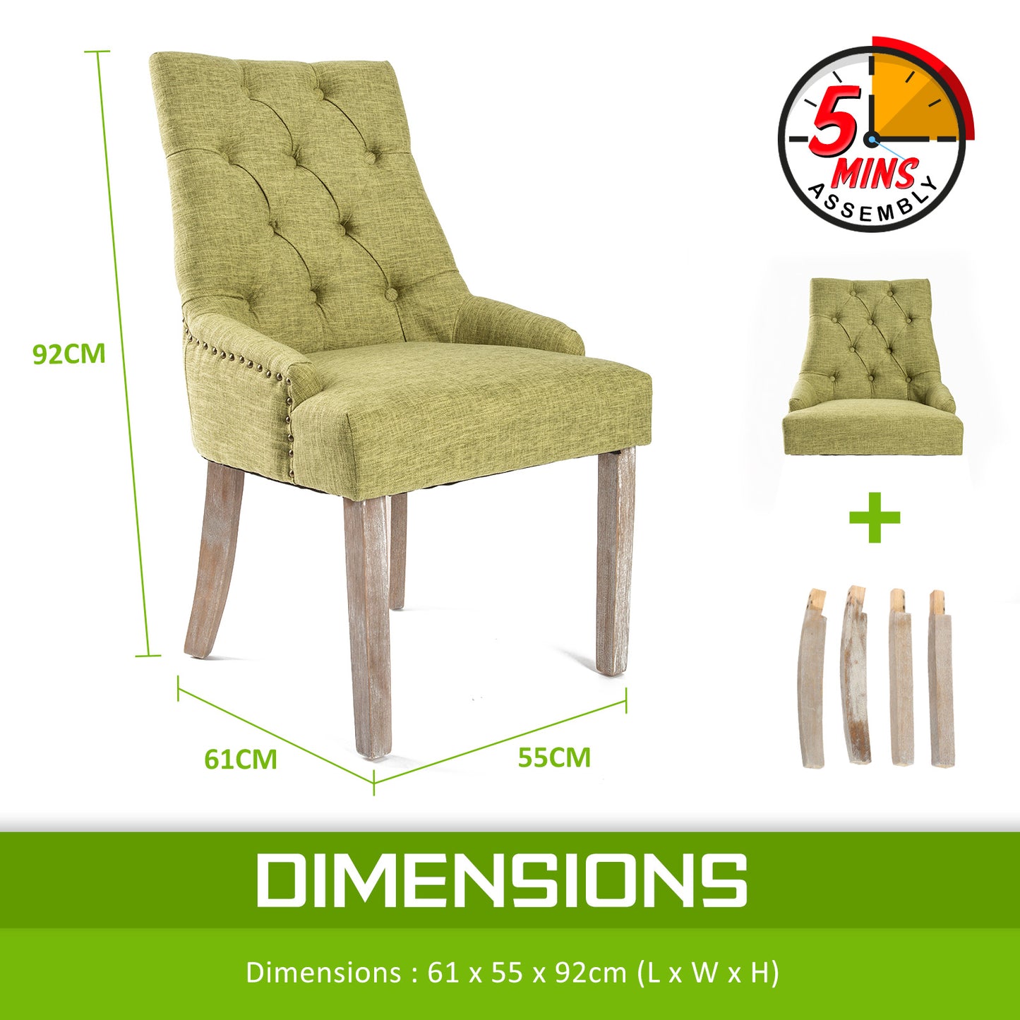 2 Set Green French Provincial Dining Chair Amour Oak Leg - image12