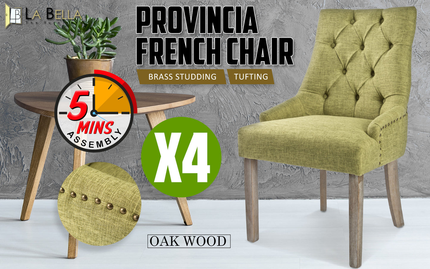 4 Set Green French Provincial Dining Chair Amour Oak Leg - image2