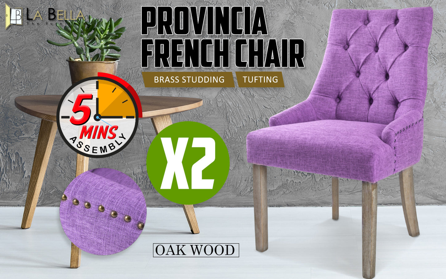 2 Set Violet French Provincial Dining Chair Amour Oak Leg - image2