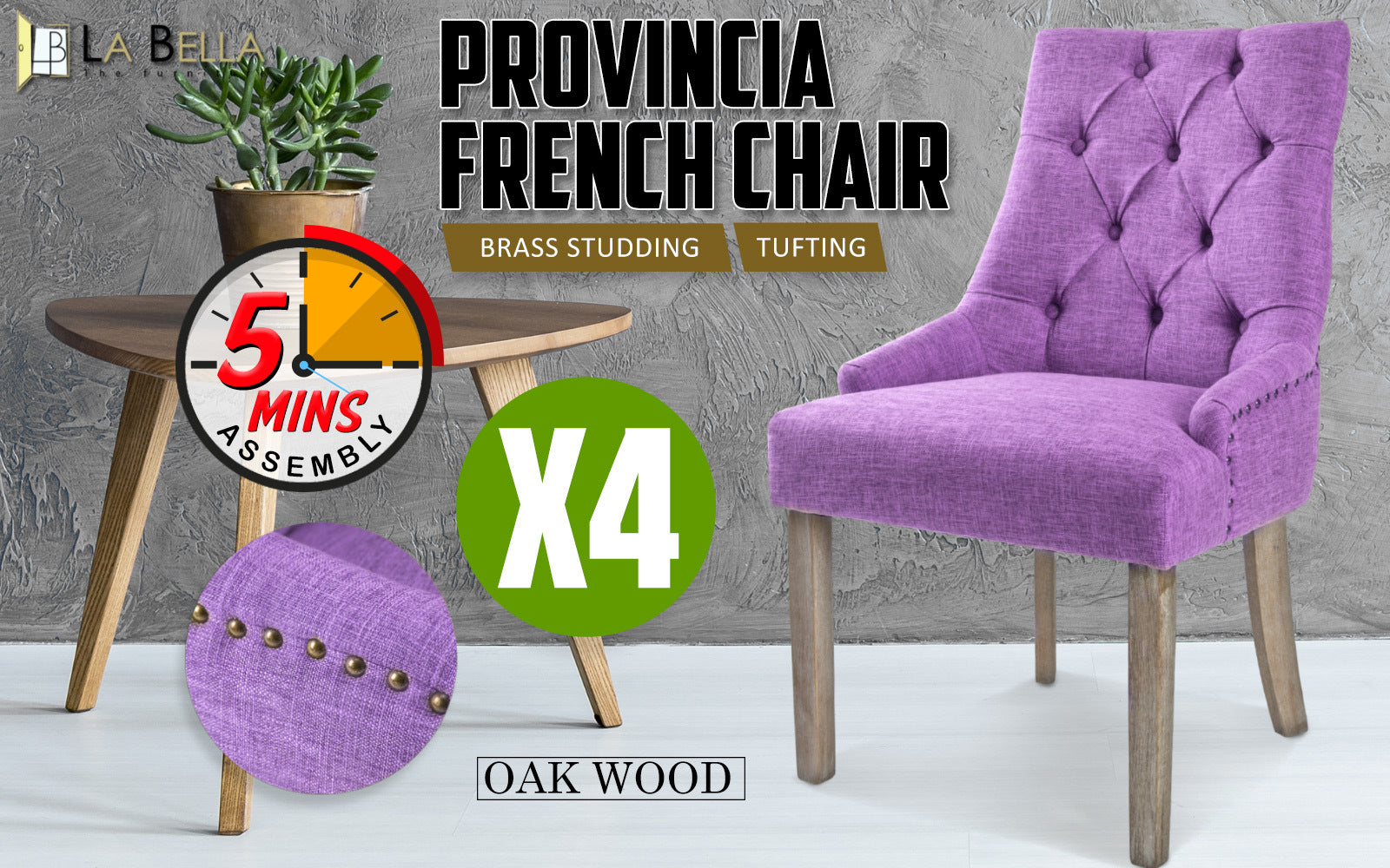 4 Set Violet French Provincial Dining Chair Amour Oak Leg - image2