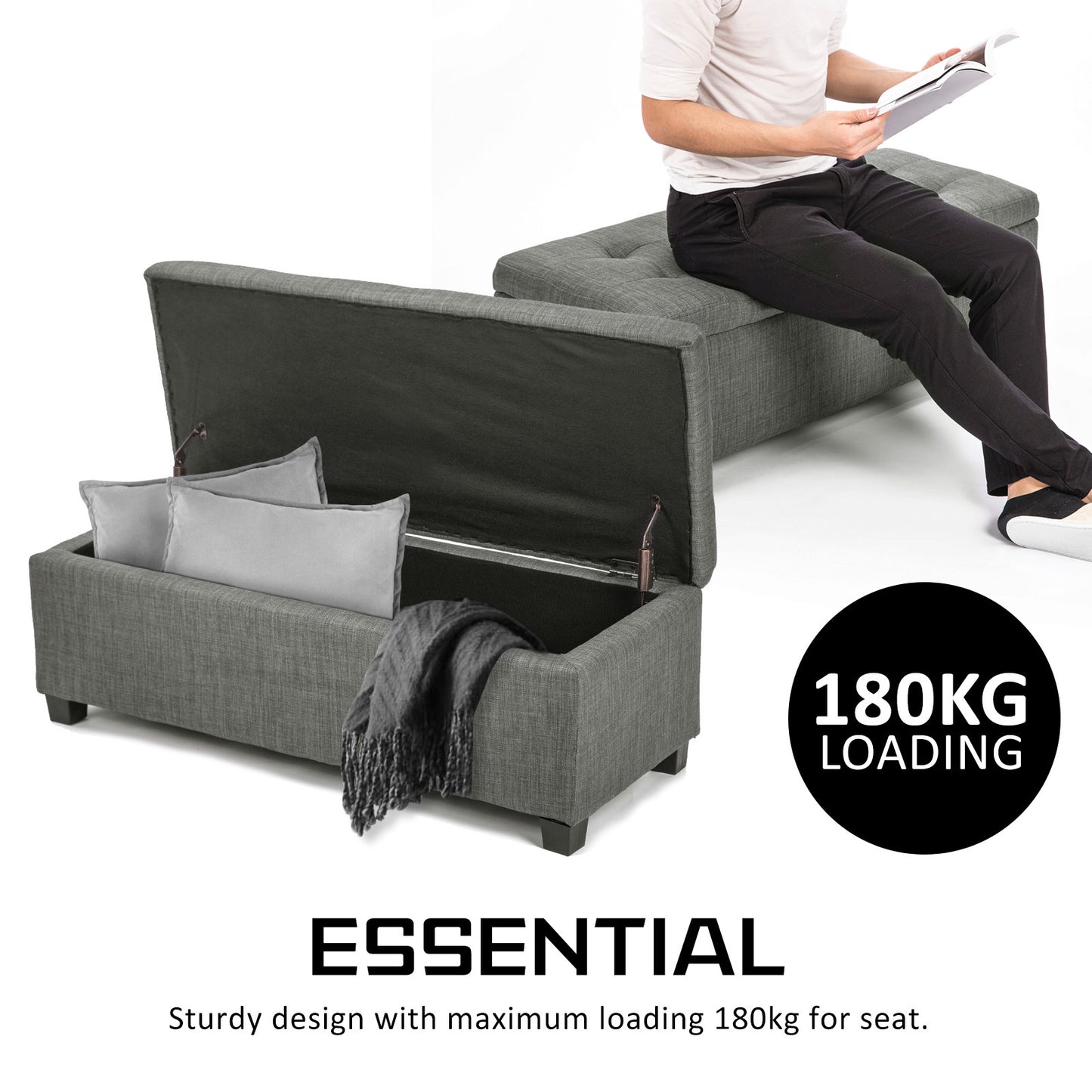 102cm Dark Grey Storage Ottoman Stool Fabric - image5