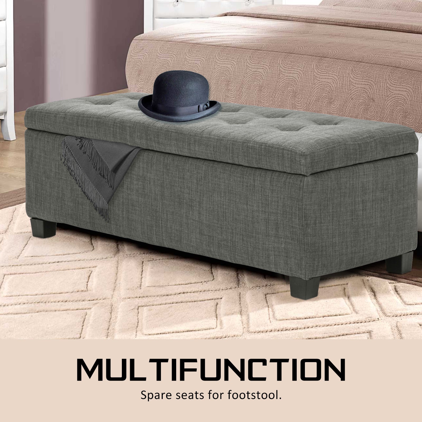 102cm Dark Grey Storage Ottoman Stool Fabric - image6