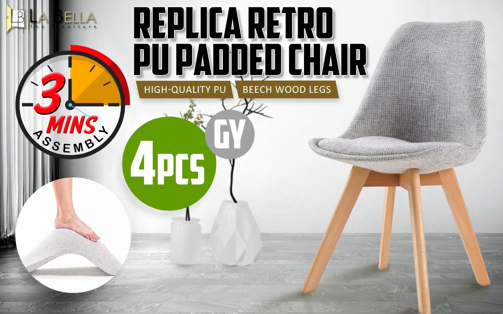 La Bella 4 Set Grey Retro Dining Cafe Chair Padded Seat - image2