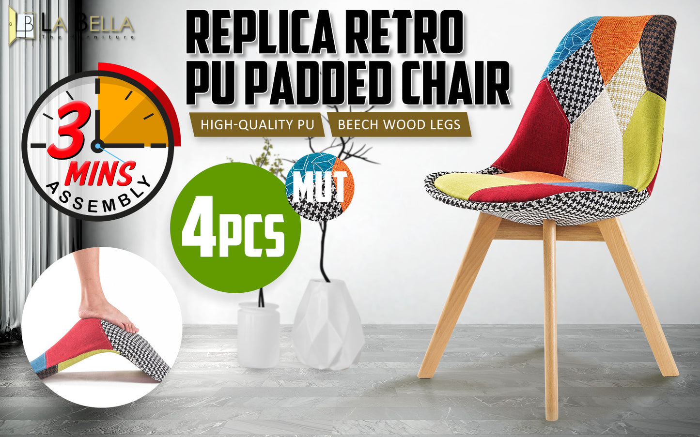 La Bella 4 Set Multi Colour Retro Dining Cafe Chair Padded Seat - image2