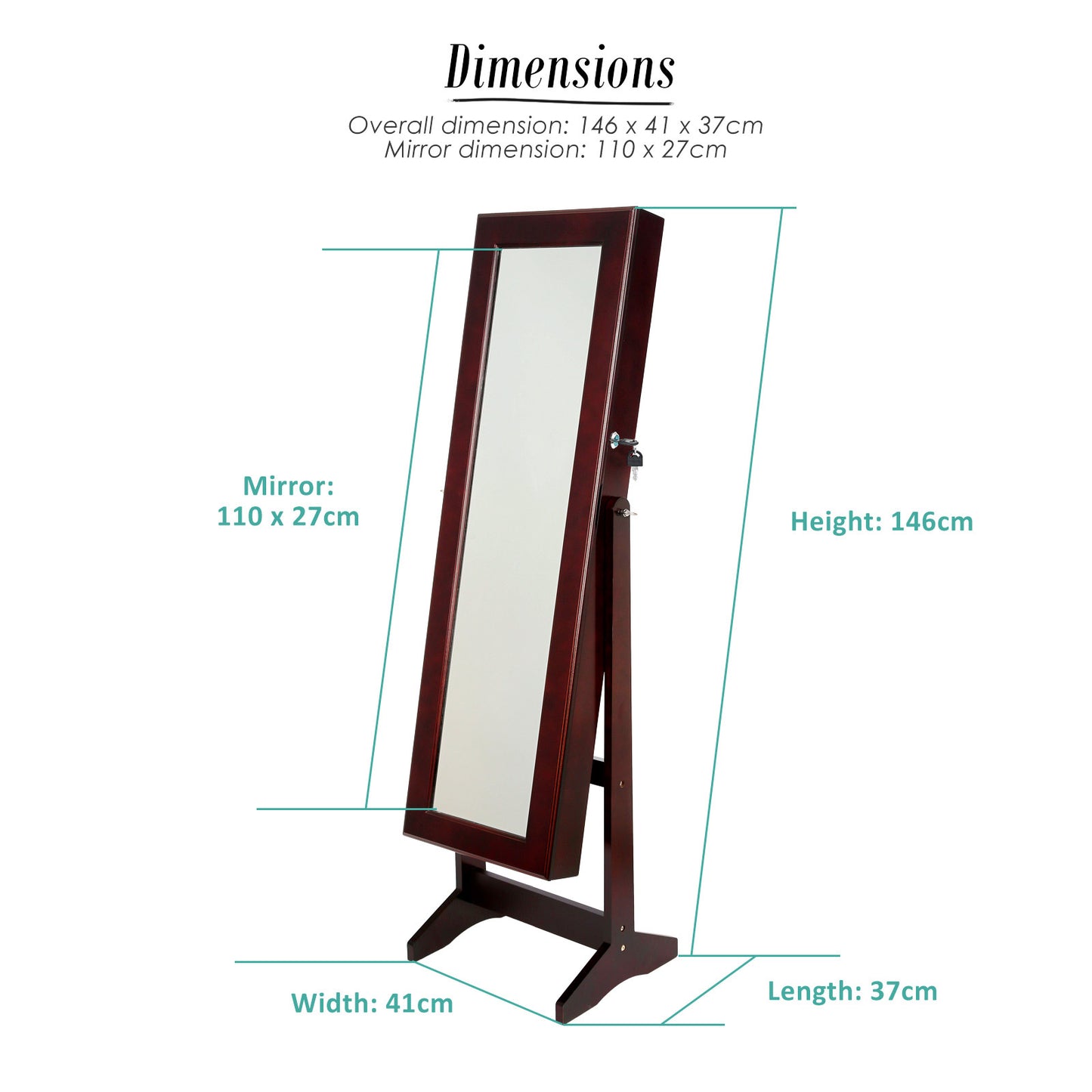 146cm Walnut Mirror Jewellery Cabinet Storage Organiser LUVO - image12