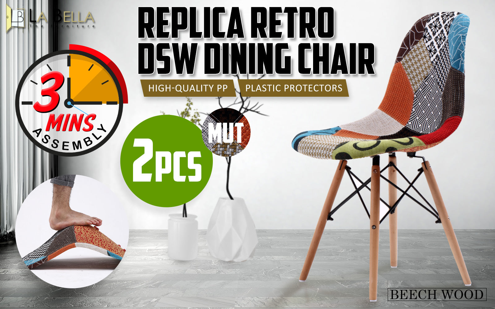 2 Set Multi Colour Retro Dining Cafe Chair DSW Fabric - image2