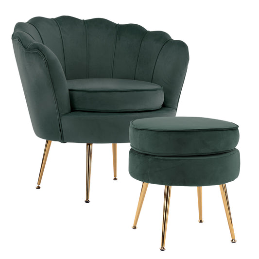 Shell Scallop Green Armchair Accent Chair Velvet + Round Ottoman Footstool - image1