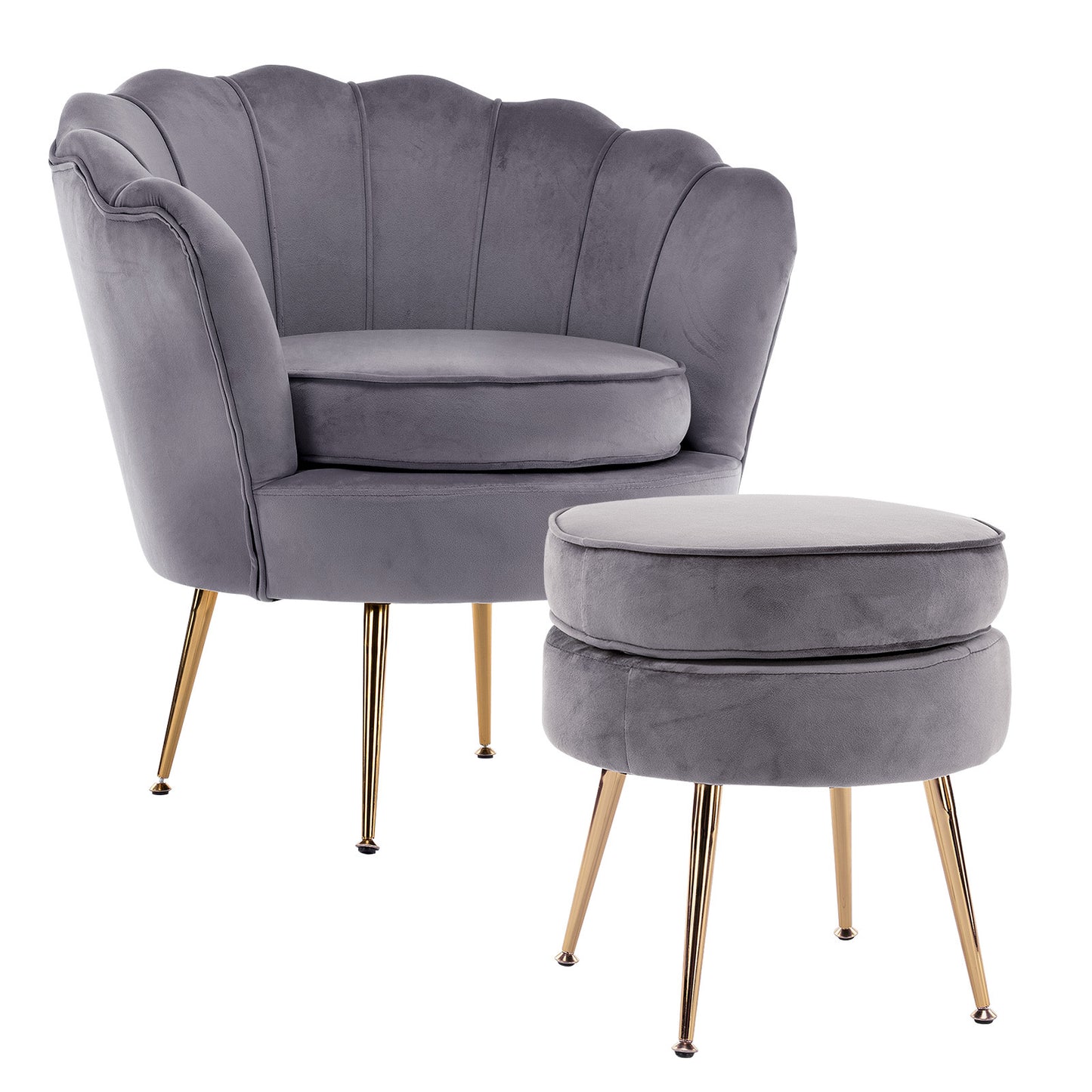 Shell Scallop Grey Armchair Accent Chair Velvet + Round Ottoman Footstool - image1