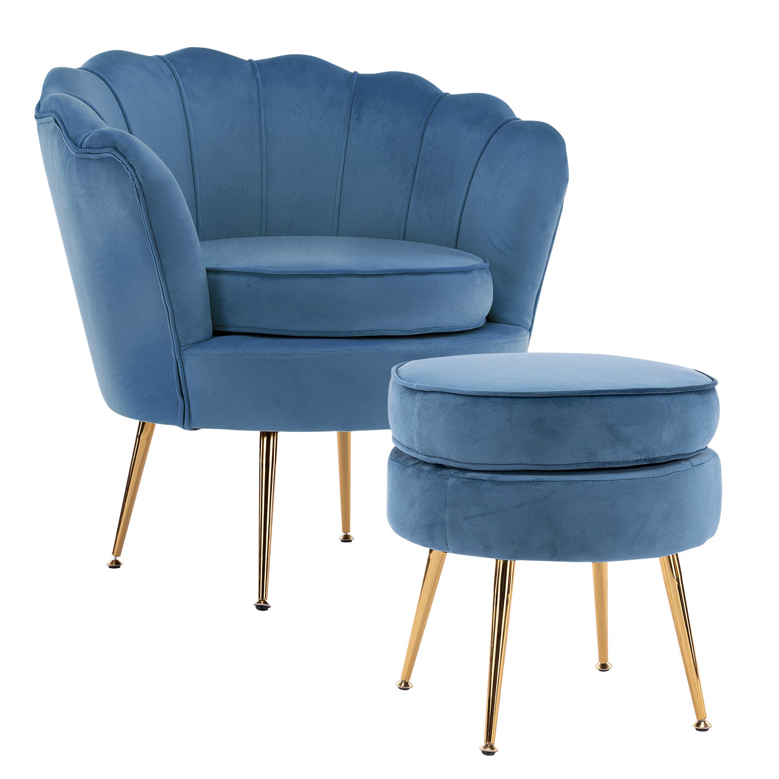 Shell Scallop Navy Blue Armchair Accent Chair Velvet + Round Ottoman Footstool - image1