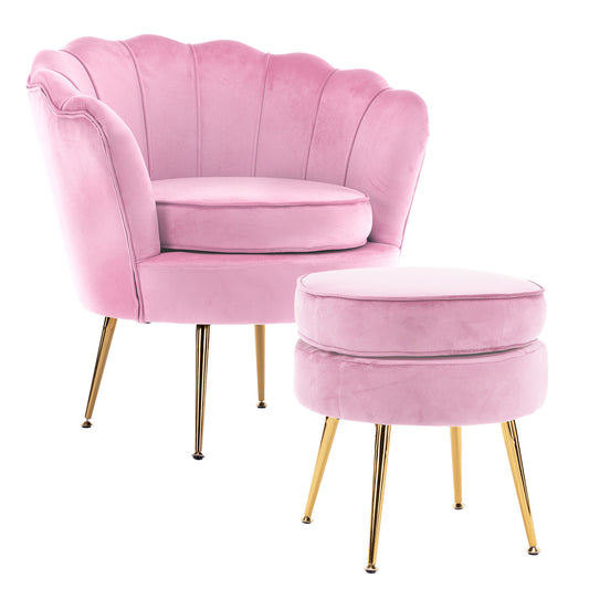 Shell Scallop Pink Armchair Accent Chair Velvet + Round Ottoman Footstool - image1