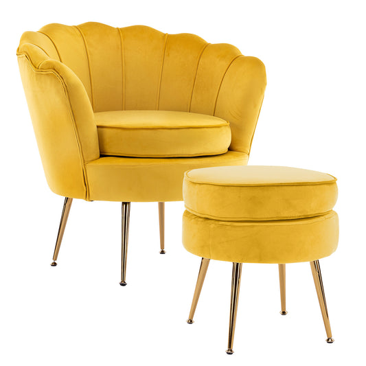 Shell Scallop Yellow Armchair Accent Chair Velvet + Round Ottoman Footstool - image1