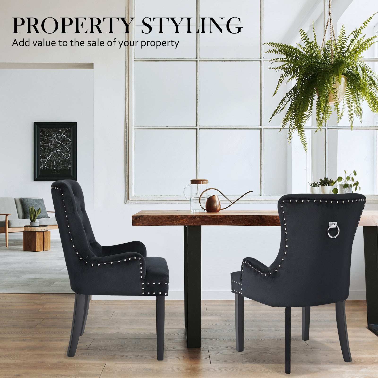 Black French Provincial Dining Chair Ring Studded Lisse Velvet Rubberwood - image6