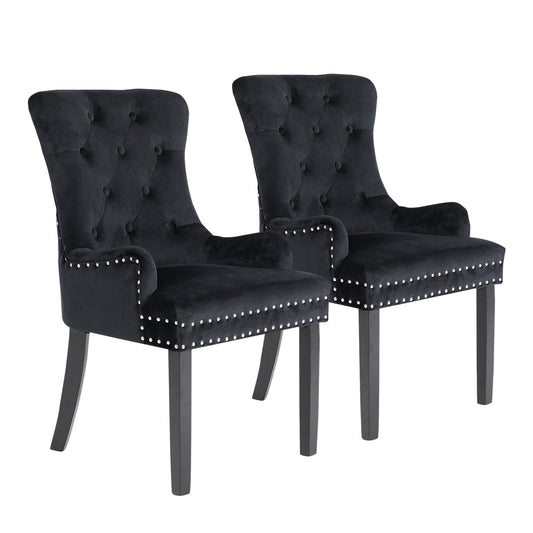 2 Set Black French Provincial Dining Chair Ring Studded Lisse Velvet Rubberwood - image1