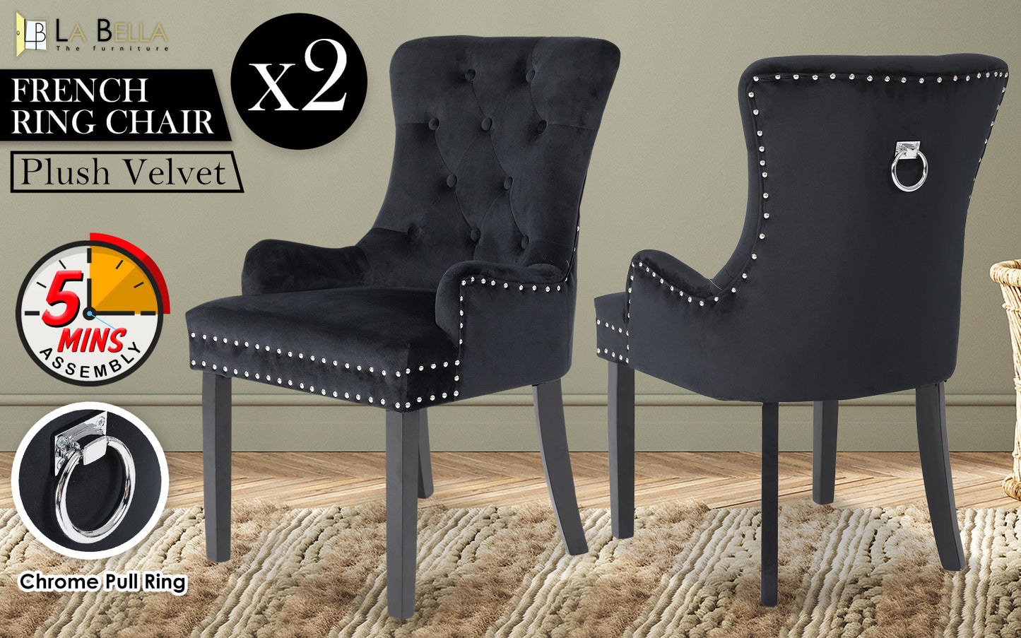 2 Set Black French Provincial Dining Chair Ring Studded Lisse Velvet Rubberwood - image2