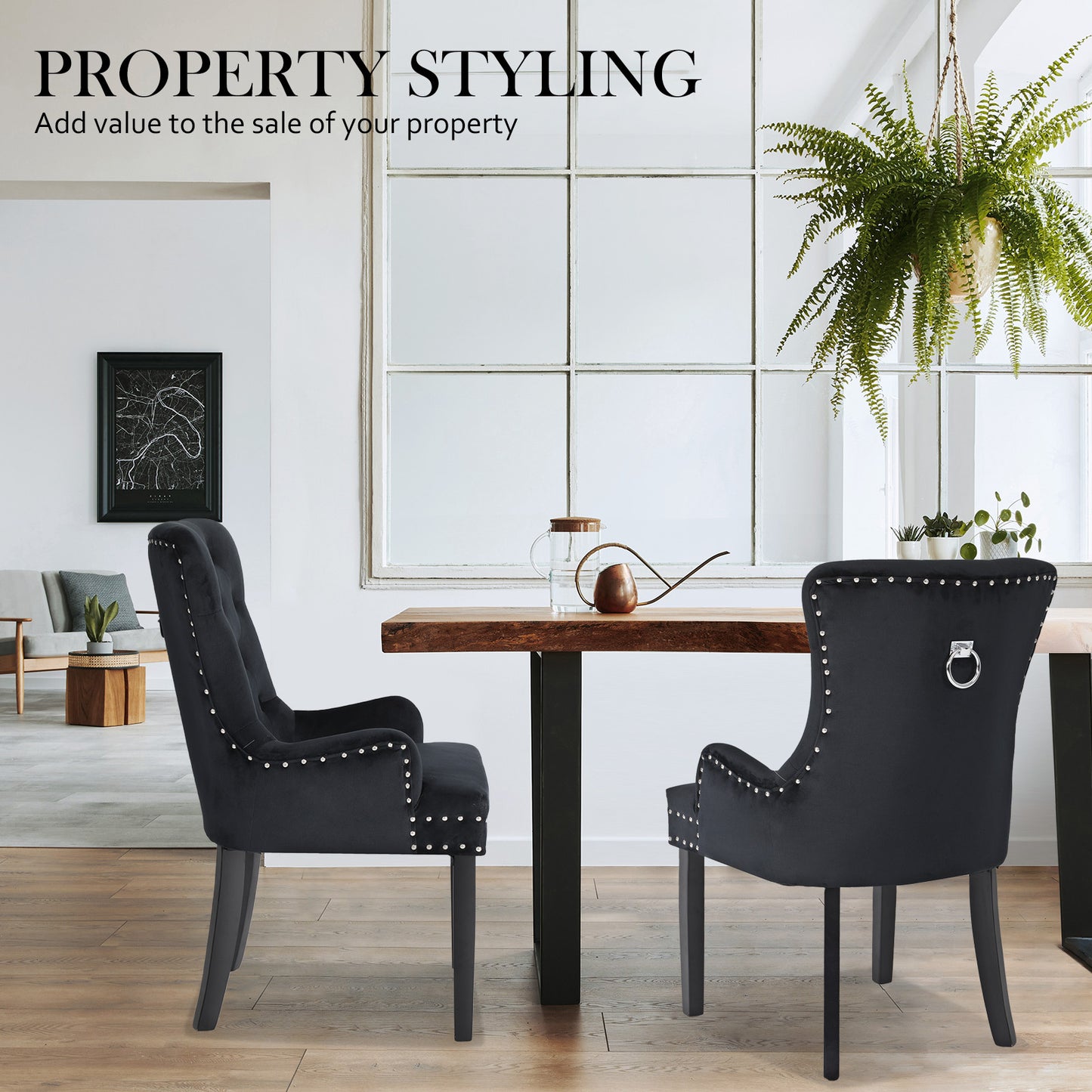 2 Set Black French Provincial Dining Chair Ring Studded Lisse Velvet Rubberwood - image6