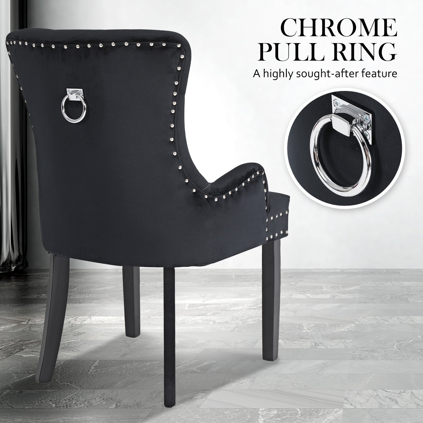 2 Set Black French Provincial Dining Chair Ring Studded Lisse Velvet Rubberwood - image8