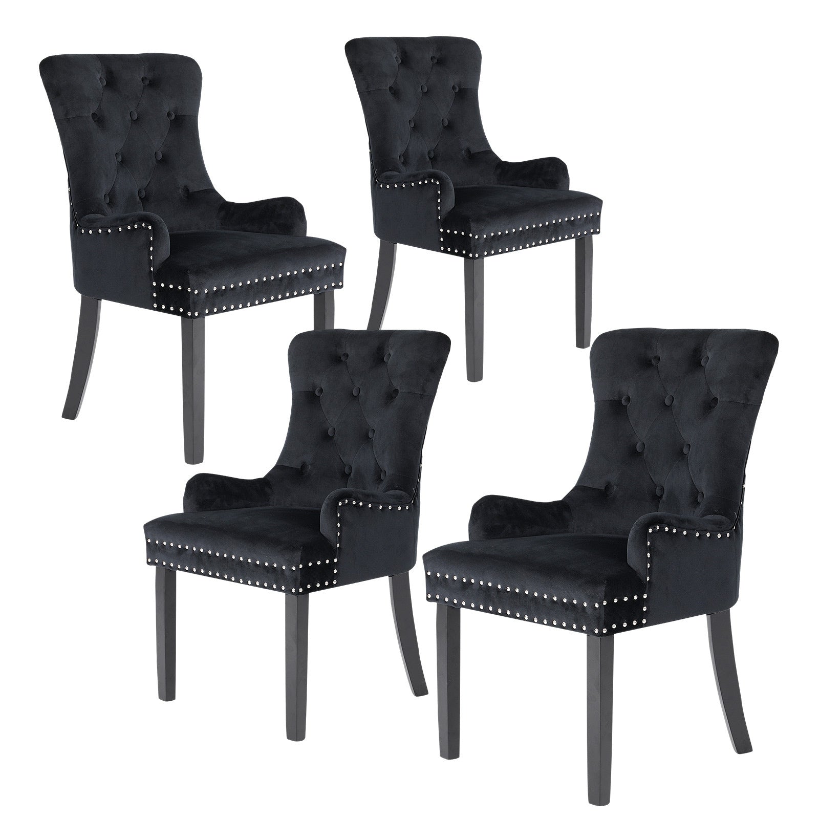4 Set Black French Provincial Dining Chair Ring Studded Lisse Velvet Rubberwood - image1