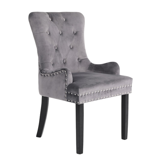 Grey French Provincial Dining Chair Ring Studded Lisse Velvet Rubberwood - image1