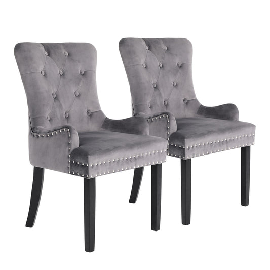 2 Set Grey French Provincial Dining Chair Ring Studded Lisse Velvet Rubberwood - image1