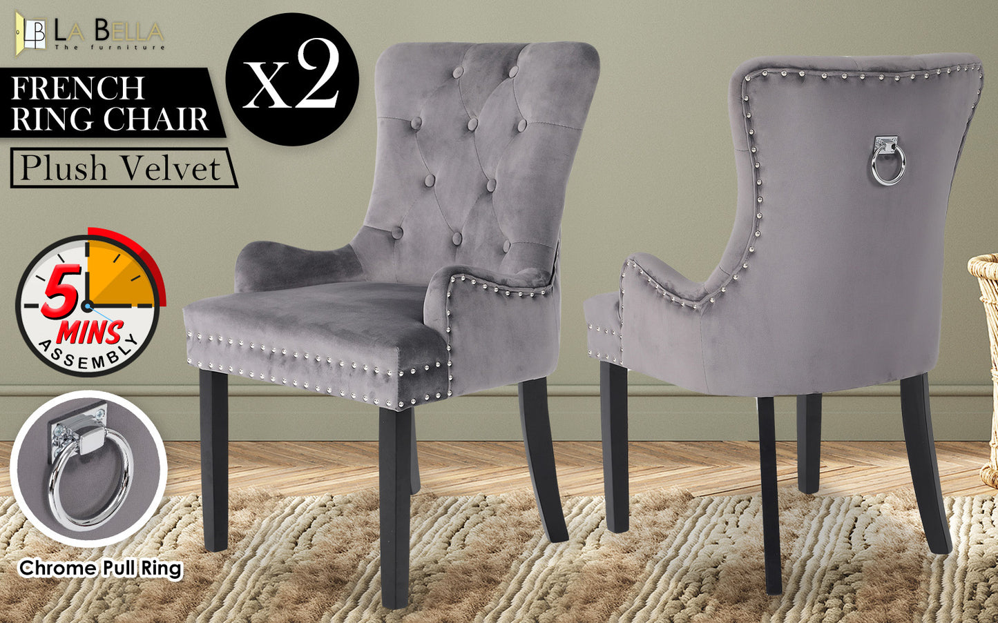 2 Set Grey French Provincial Dining Chair Ring Studded Lisse Velvet Rubberwood - image2