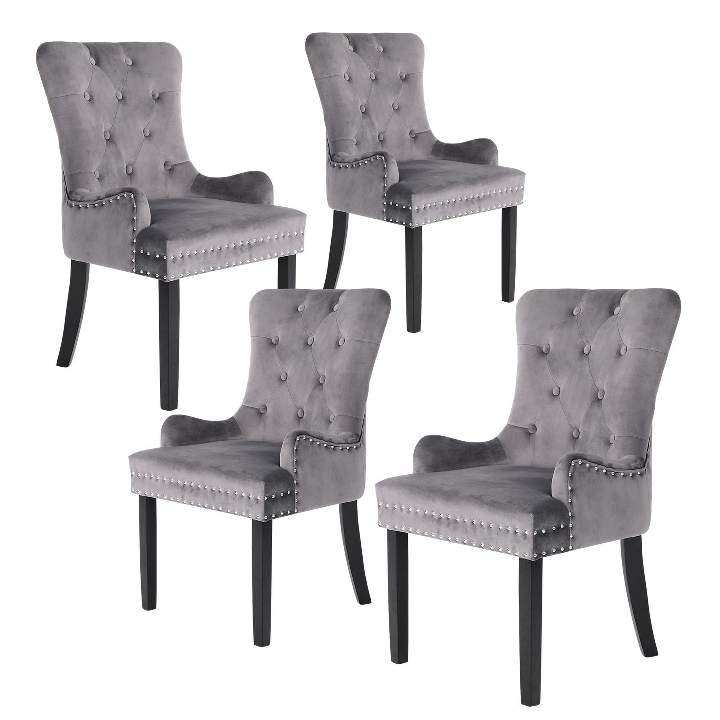 4 Set Grey French Provincial Dining Chair Ring Studded Lisse Velvet Rubberwood - image1