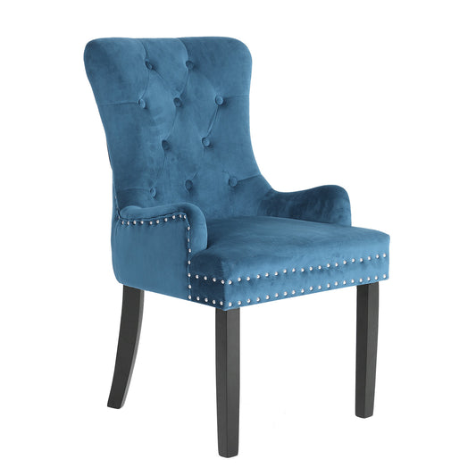 Navy Blue French Provincial Dining Chair Ring Studded Lisse Velvet Rubberwood - image1
