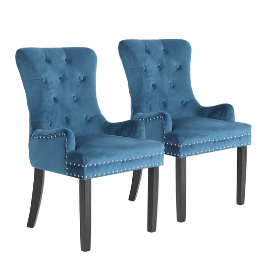 2 Set Navy Blue French Provincial Dining Chair Ring Studded Lisse Velvet Rubberwood - image1