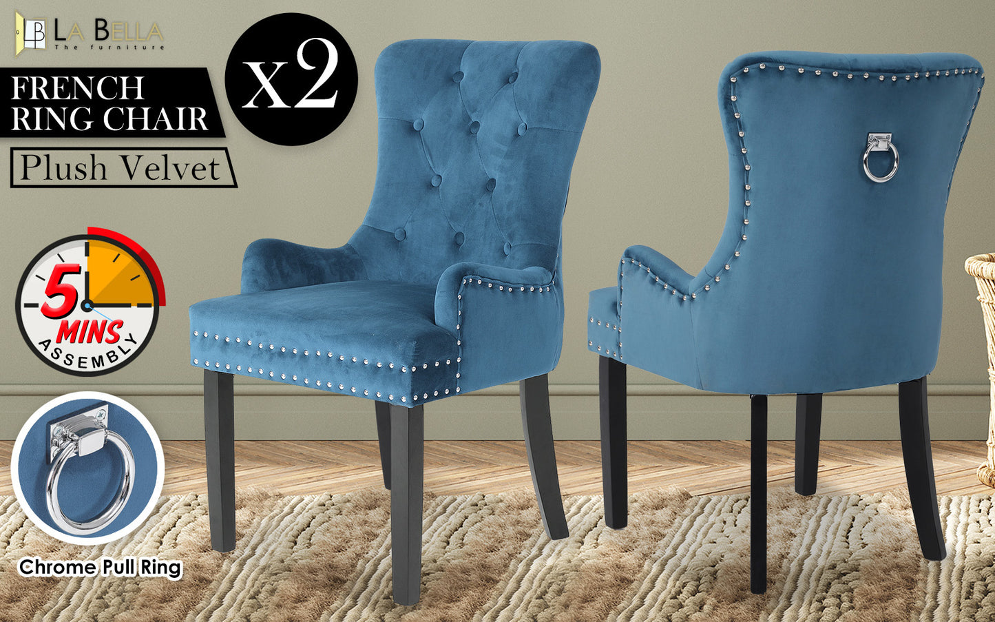 2 Set Navy Blue French Provincial Dining Chair Ring Studded Lisse Velvet Rubberwood - image2