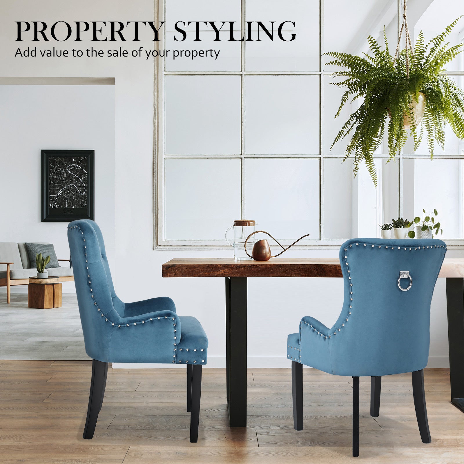 2 Set Navy Blue French Provincial Dining Chair Ring Studded Lisse Velvet Rubberwood - image6