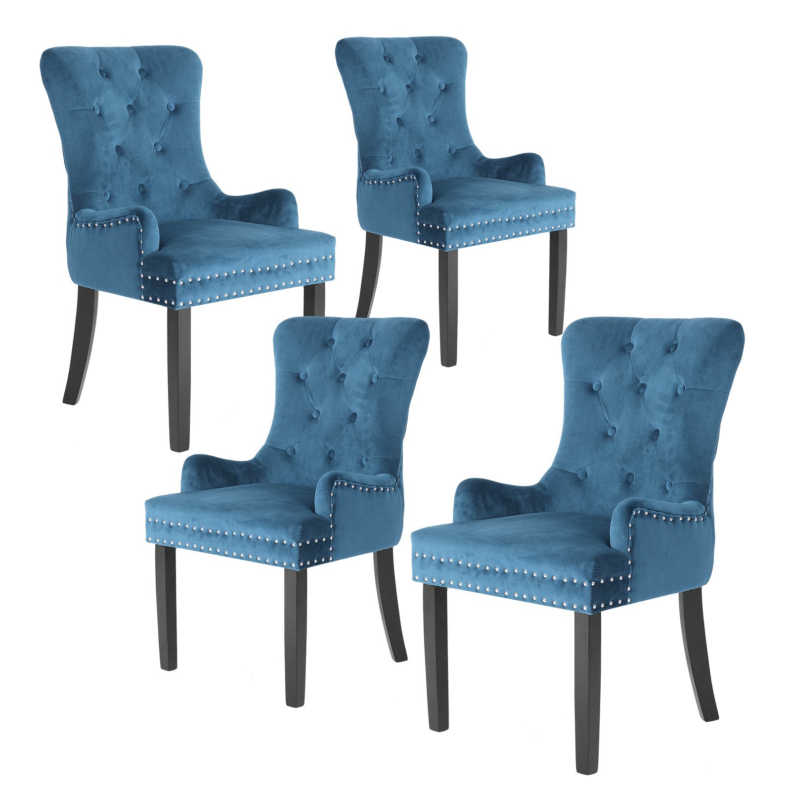 4 Set Navy Blue French Provincial Dining Chair Ring Studded Lisse Velvet Rubberwood - image1
