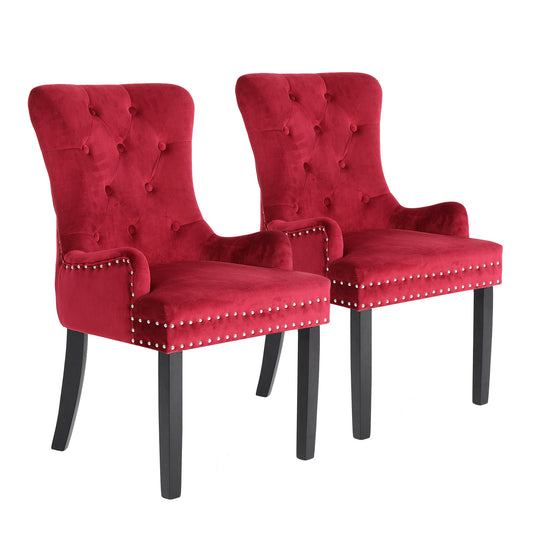 2 Set Red French Provincial Dining Chair Ring Studded Lisse Velvet Rubberwood - image1