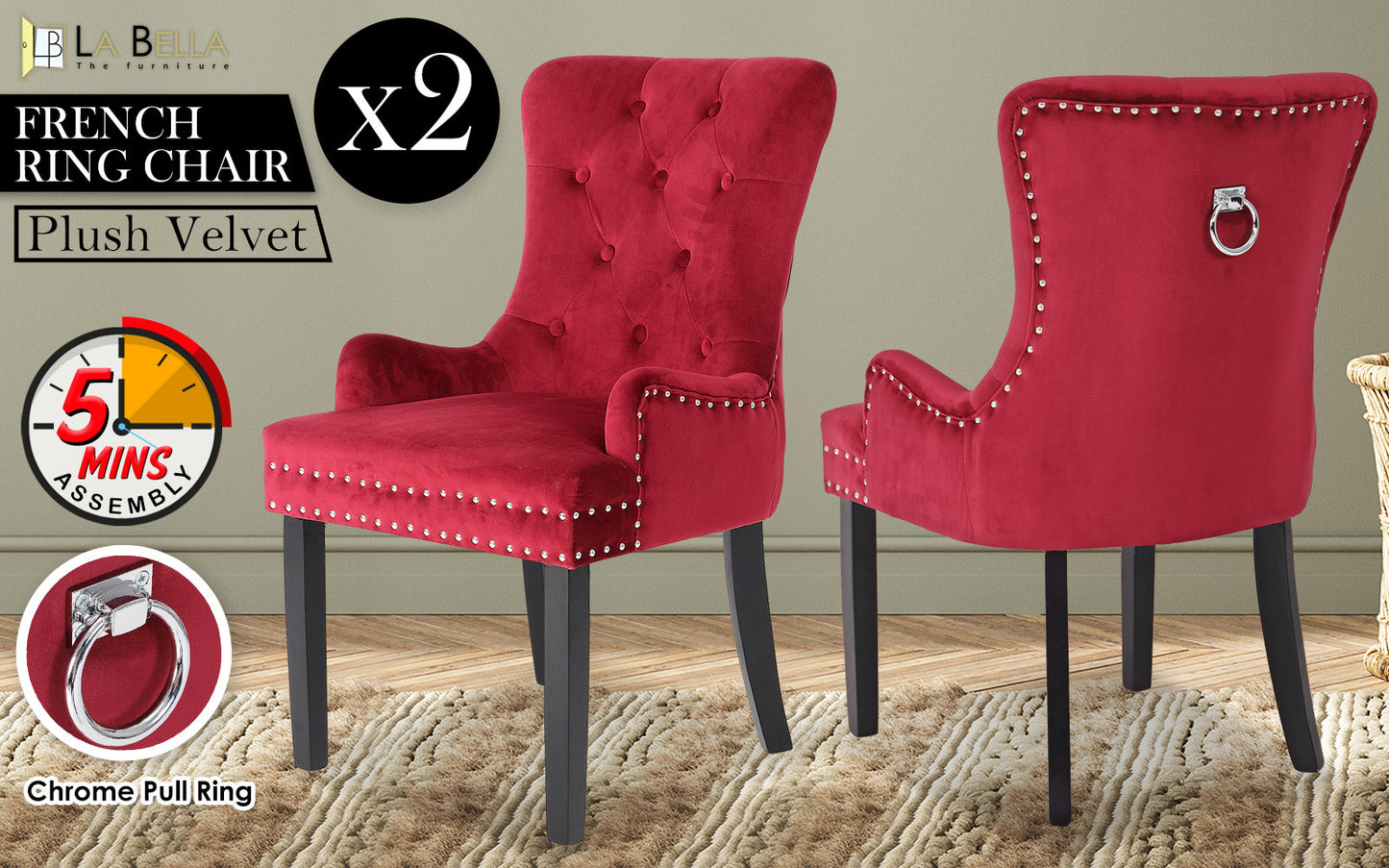 2 Set Red French Provincial Dining Chair Ring Studded Lisse Velvet Rubberwood - image2