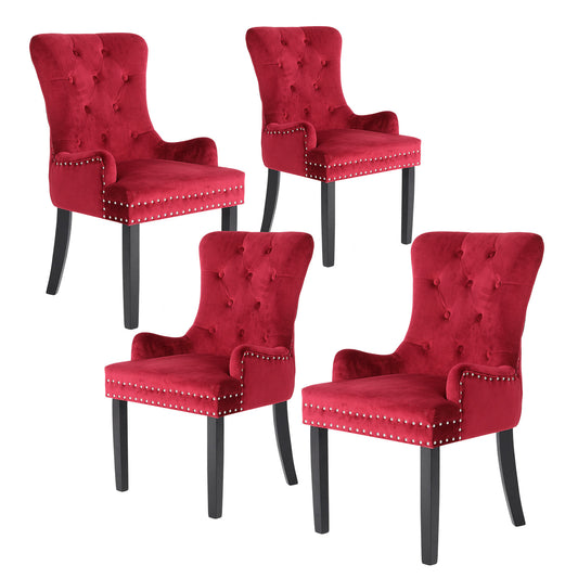 4 Set Red French Provincial Dining Chair Ring Studded Lisse Velvet Rubberwood - image1