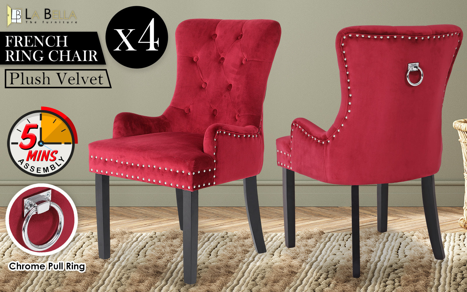 4 Set Red French Provincial Dining Chair Ring Studded Lisse Velvet Rubberwood - image2