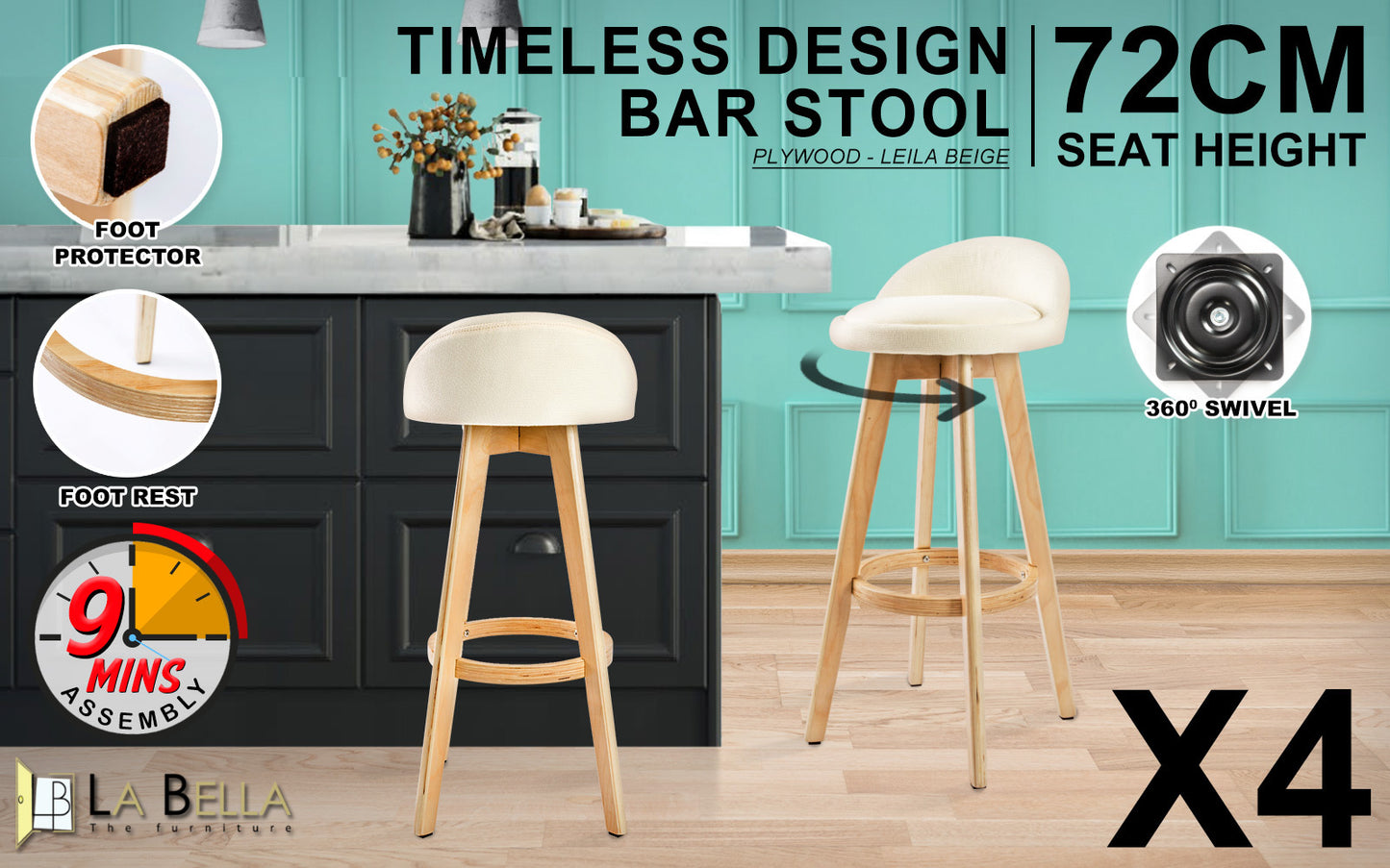 4 Set 72cm Beige Wooden Bar Stool Leila Fabric - image2